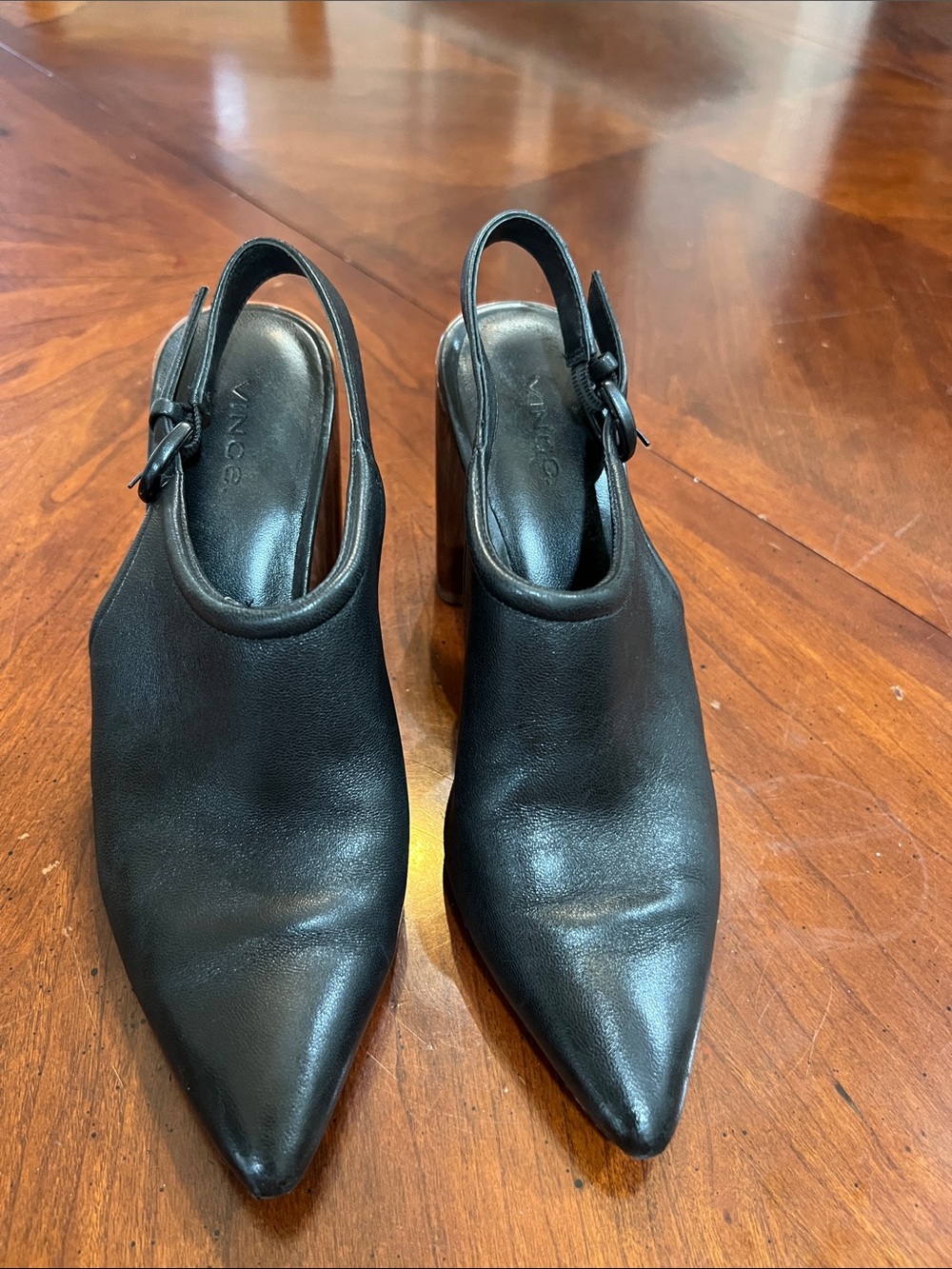 Vince Black Pointed Slingback Pumps with Block Heel